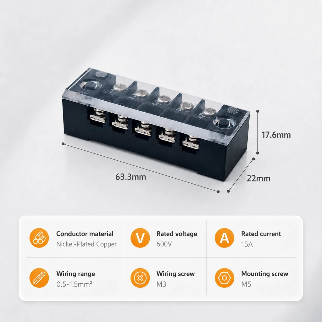 Screw Terminal Block TB Series Dual Row Barrier Strip 3/4/5/6/8/10/12P 15A 25A 45A 600V Panel Mount Electrical Wire Connector
