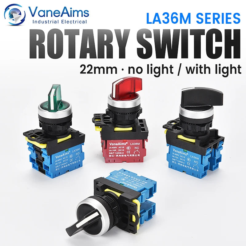 22mm LA36M Rotary Switch with LED Light 12V 24V 220V Knob Selector 2 position 3 Position Start Stop Switch On Off VaneAims