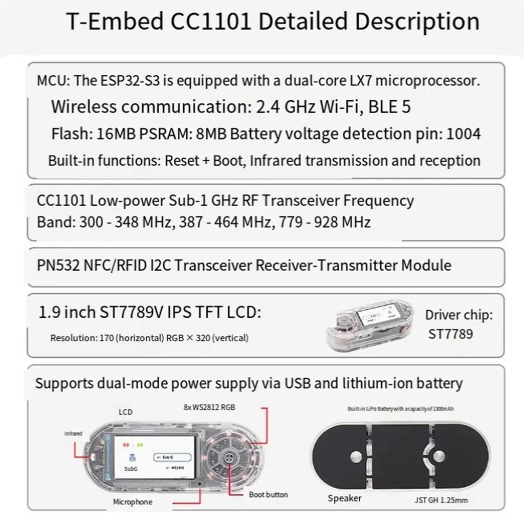 T71C Tools- T-Embed CC1101 PLUS Development Board 1.9 Inch Low-Power Module Sub-1 GHz Transceiver PN532 RFID A