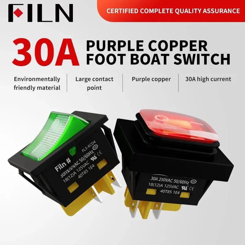 FILN 30A/220V Heavy Duty 4 Pin DPST IP67 Sealed Waterproof T85 Auto Boat Marine Toggle Rocker Switch with LED 12V 220V 30x22