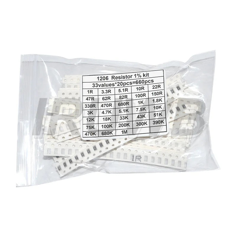 660pcs 1% SMD Chip Resistor Assorted Kit 0603 0805 1206 0402 0201 1R - 1M ohm 33valuesX20pcs Resistance Sample Set