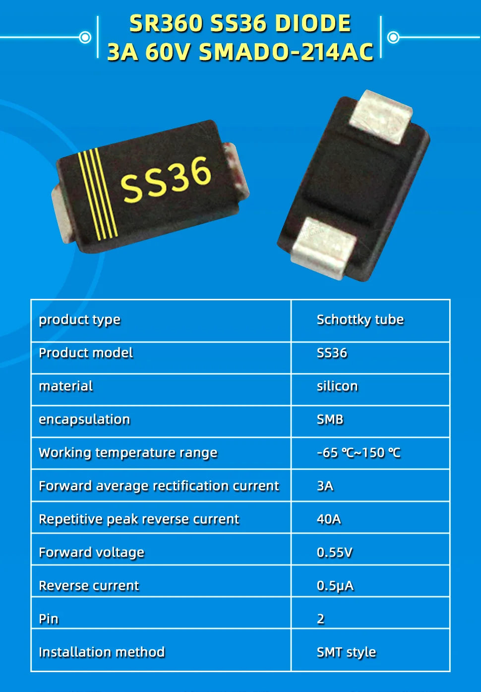 20PCS SMD Schottky Diode SS12 SMA SS14 1N5819 SS24 SB240 SS26 SR260 SS54 1N5824 SS34 1N5822 SR360 SS36 SS110 SB1100 SS2200
