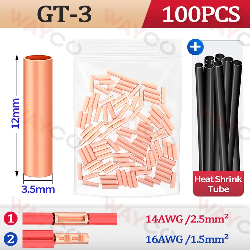 100PCS GT Copper Crimp Terminals Electrical Wire Cable Tubular Connectors Ring Sleeve Ferrules Lugs Have Heat Shrink Tubing