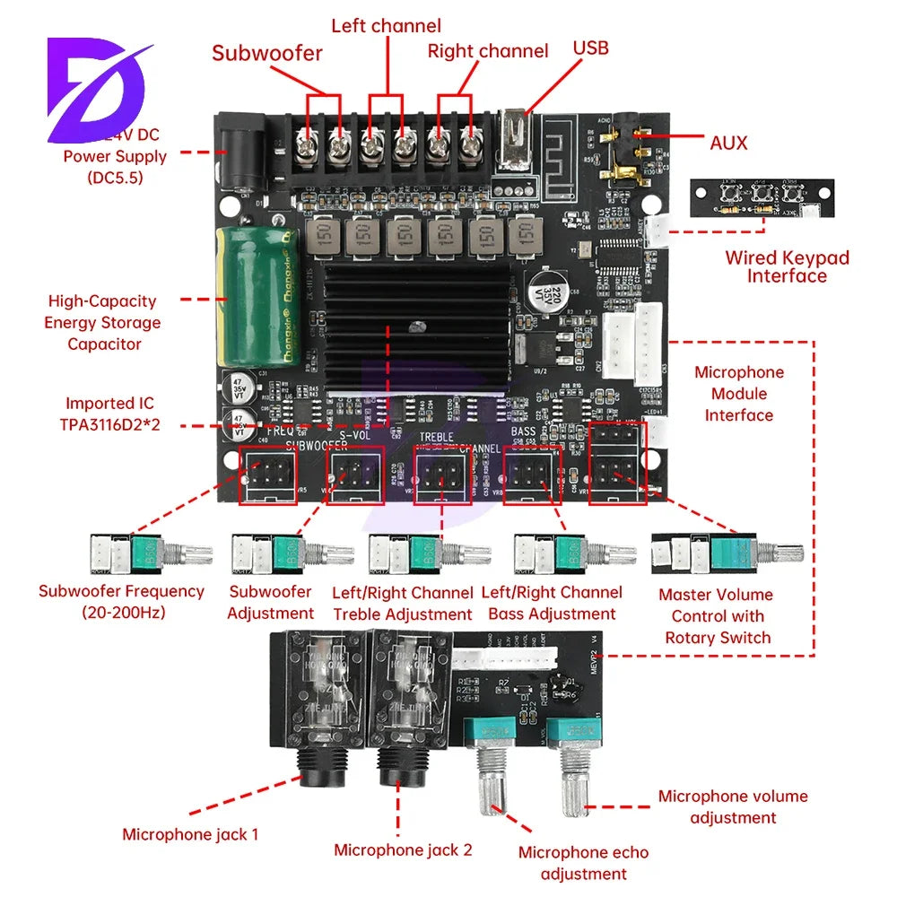 DC 12-24V MT21S Lead Version Ktv Microphone And Audio All-In-One Machine 2.1 Channel Bluetooth Amplifier Board 50W+50W+100W
