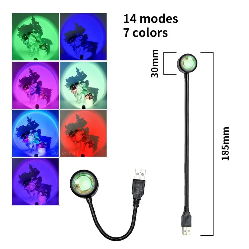 RGB Sunset Lamp LED USB Rainbow Neon Night Light Projector Photography 7 Colors Wall Atmosphere Lighting for Bedroom Room Decor