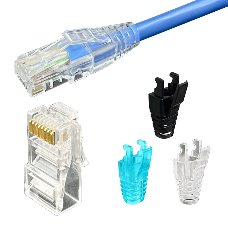 COMNEN 1-100pcs RJ45 Cat6/6a Pass Through Connectors Strain Relief Boots EZ to Crimp Modular Plug Connector Cable Plug Covers