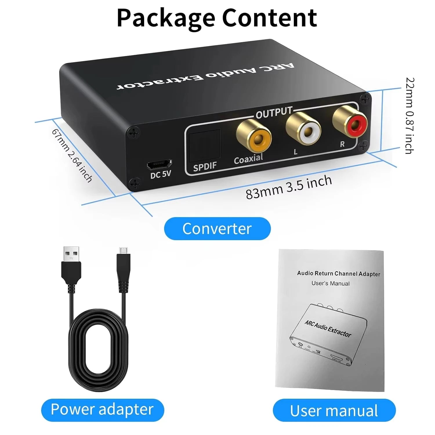 192KHz ARC Audio Extractor HDMI-compatible ARC to Optical Coaxial RCA 3.5mm Jack Converter for HDTV Speaker Soundbar Headphone