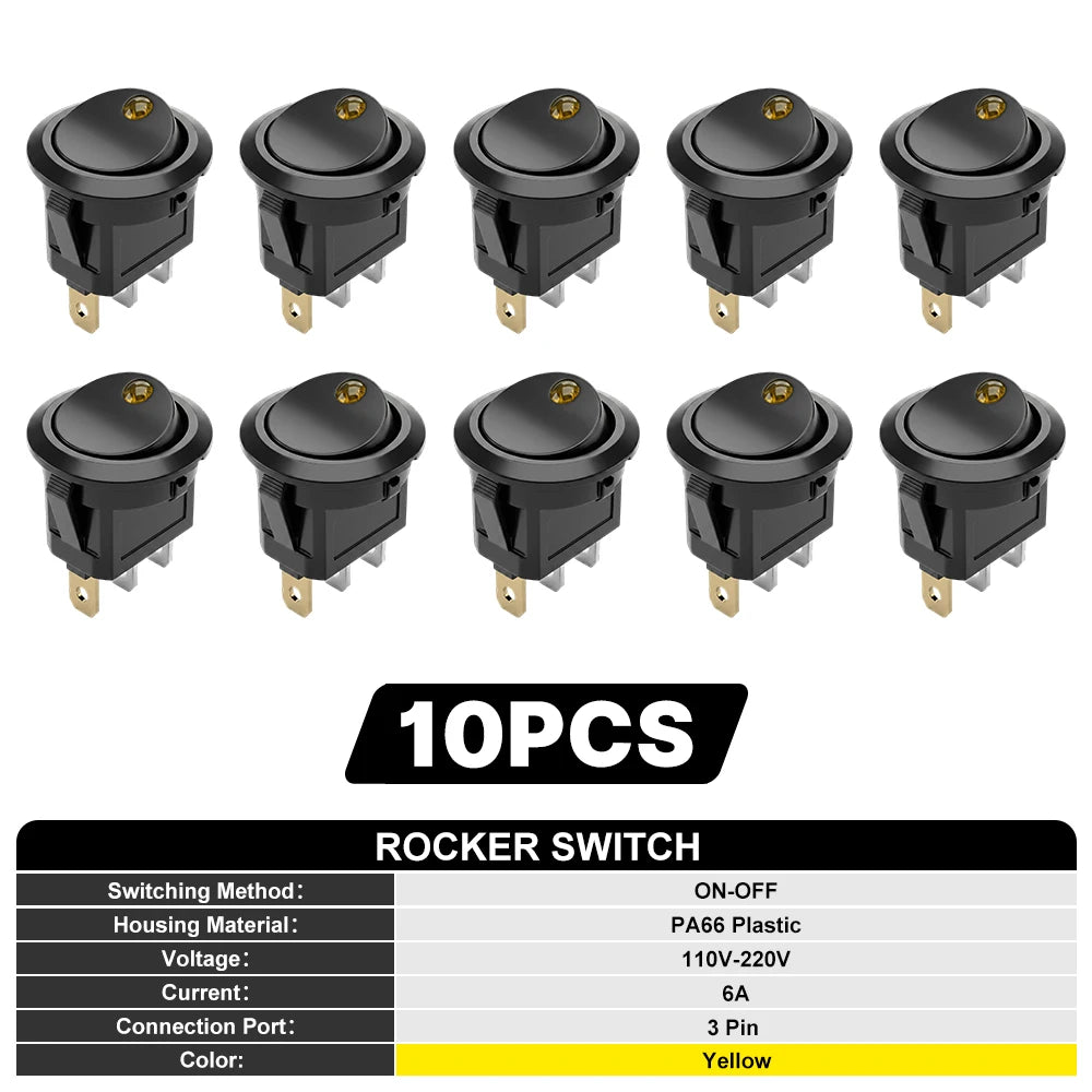 FILN 10Pcs 12V 24V 110V 220V Round Rocker Switch 3 Pin ON OFF LED Lighted Car Dash Boat Marine RV SPST Toggle Switch