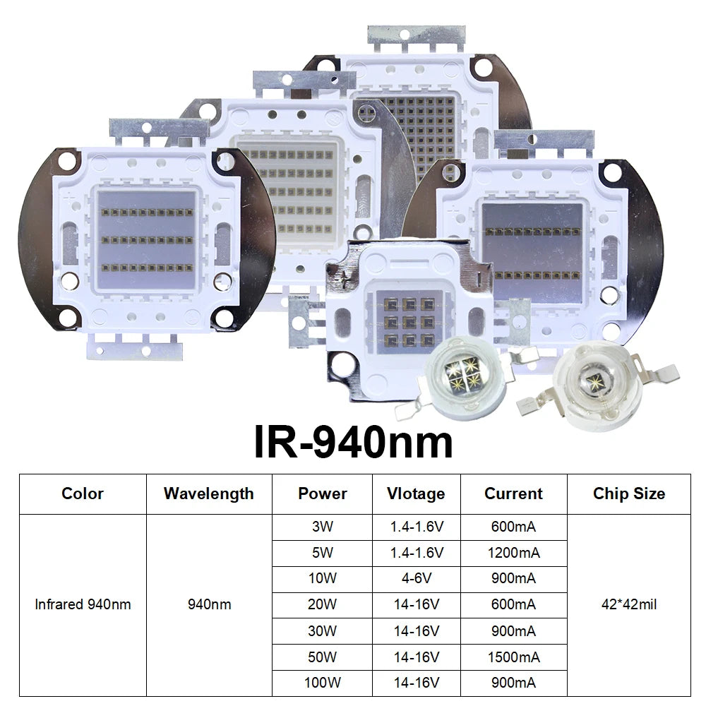 Infrared High Power LED Chips IR 850nm 940nm 730nm 3W 5W10W20W50W 100W Emitter COB integrated Light Lamp Matrix for Night Vision