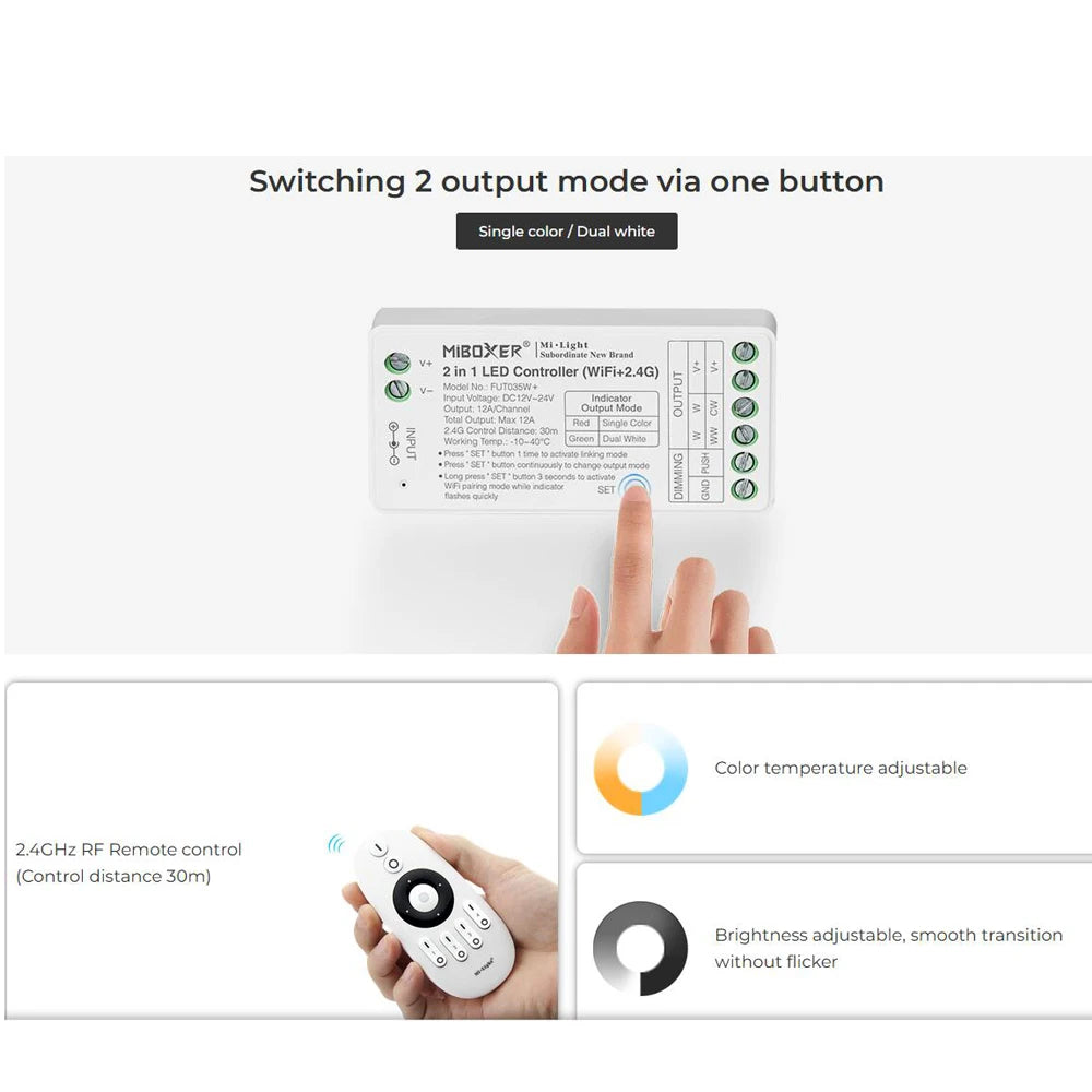 Miboxer Tuya APP Smart Controller WiFi+2.4G FUT035W+ 2in1 FUT037W+ 3in1 DC12-24V Single Color Dual White RGB RGBCCT LED Strip