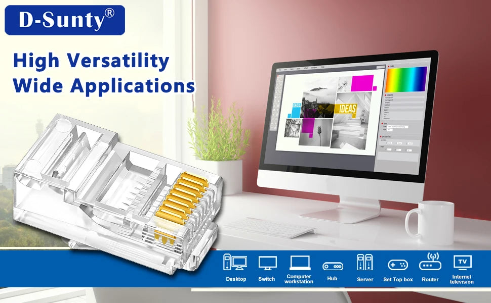 D-Sunty Rj45 Connector CAT5e CAT6 Pass Through Network UTP 8P8C Modular Pass Through Plug For Ethernet Cables