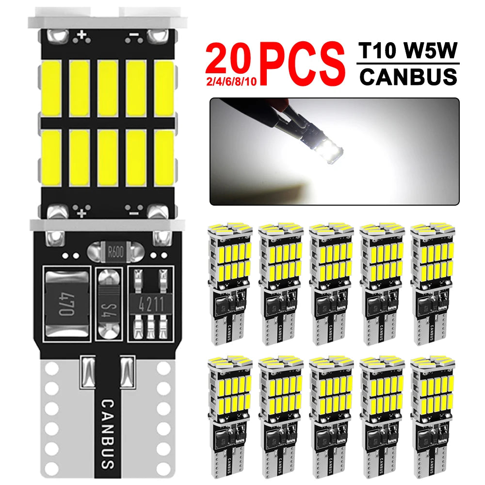 2/4/10/20 PCS CANBUS T10 W5W LED Bulb For Car Interior Dome Trunk License Plate Wedge Side Lights 12V 24V 4014-26SMD 6500K White