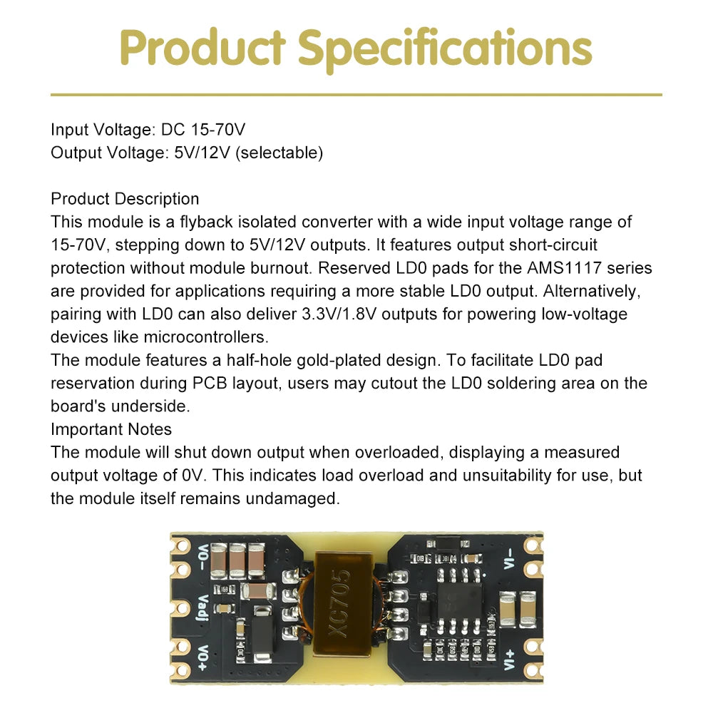 XC7010 Isolated Power Module DC 15-70V Input To DC 5V/12V Output Reserved For LDO Voltage Conversion Modules
