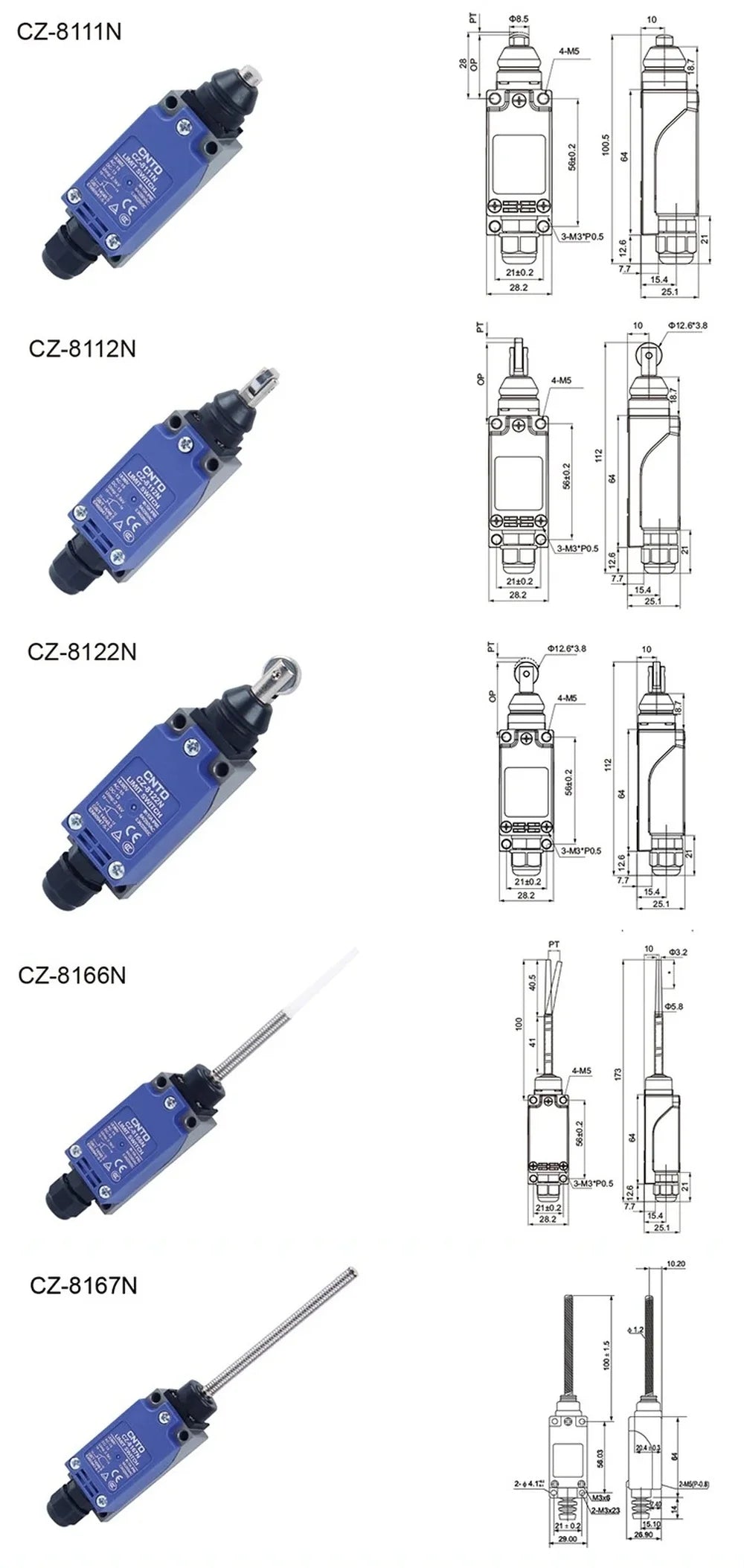 2PCS CNTD CZ-8N Limit Switch Replacement Spare Waterproof IP65 10A 250VAC for CNC Machine Quick Install NC NO Easy Wiring