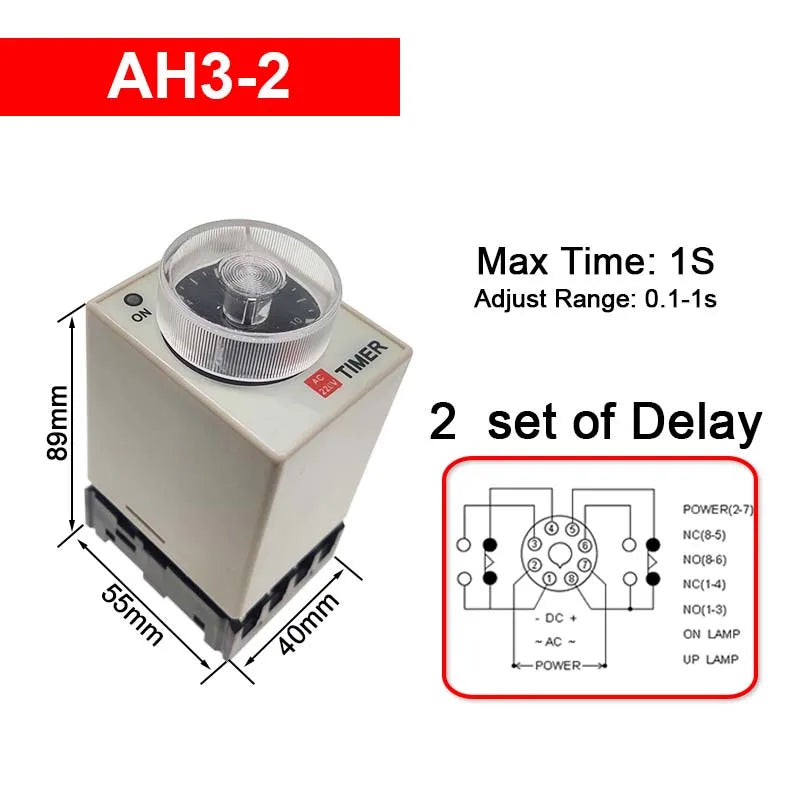 1 PC AH3-2 Time Relay AC/DC Universal Thick Stitch Power-on Delay Timer AH3-3 Time Set Range 0.1S-60m with Base DC12V24V AC220V