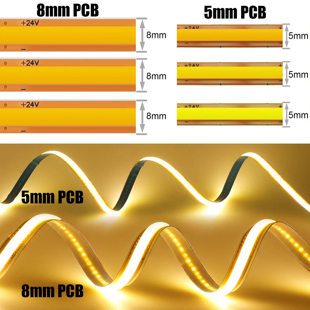 5mm 8mm PCB Free Cut COB LED Strip 12V 24V Tape Light 400 Leds Flexible 3000k 6000k 4000k 0.5m 2m 5m 10m 20m Linear Lighting