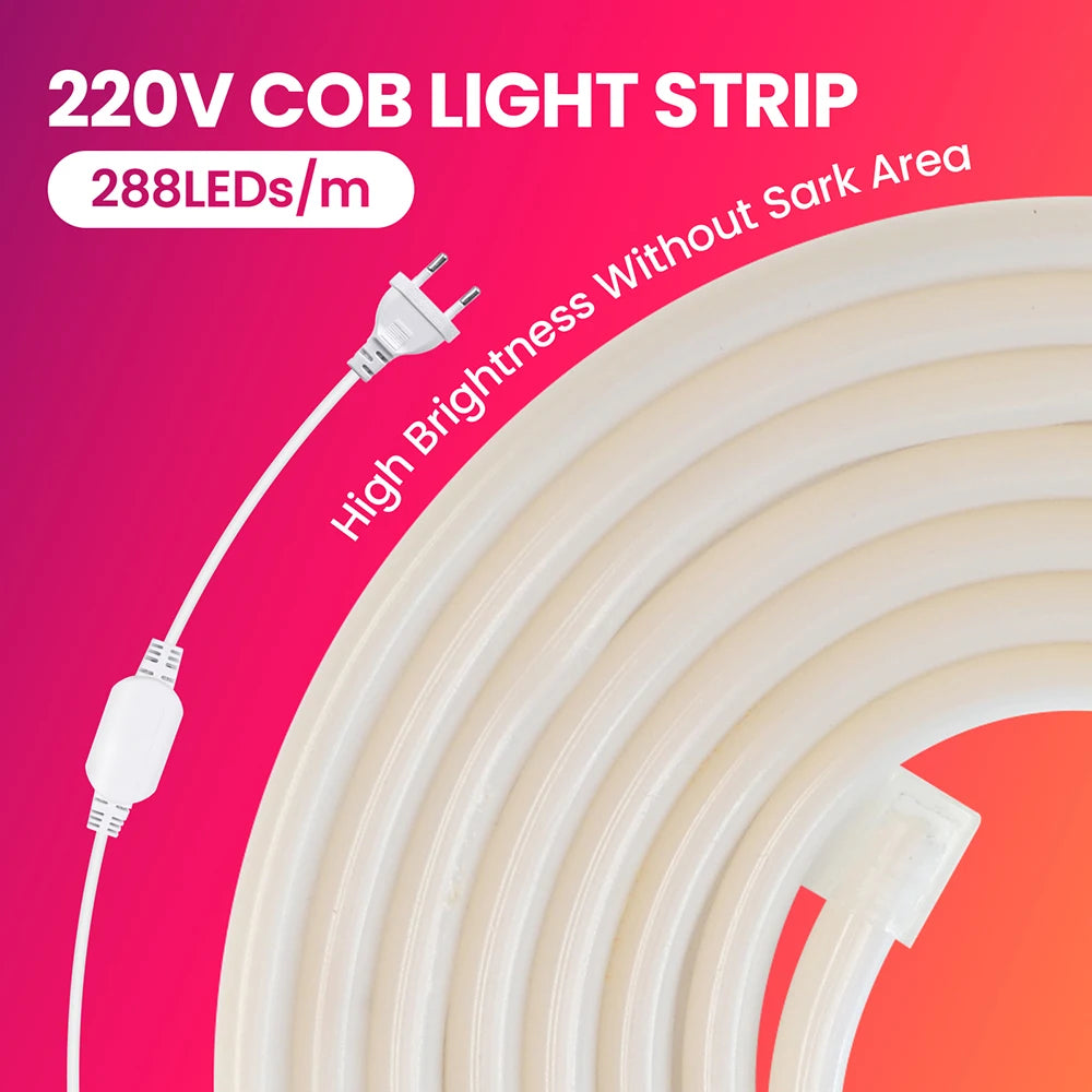 220V Led COB Neon Strip Light Dimmer Switch Power Plug Kit White Blue Pink Red Purple Yellow 5m 20m 30m 0.5m 288LED/m Flex Decor