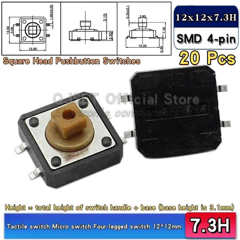 20 Pcs Tactile Pushbutton Switch 12*12*7.3MM Micro Switch Pushbutton A14 A24 Pushbutton Cover 12x12x7.3MM Square Head Pushbutton