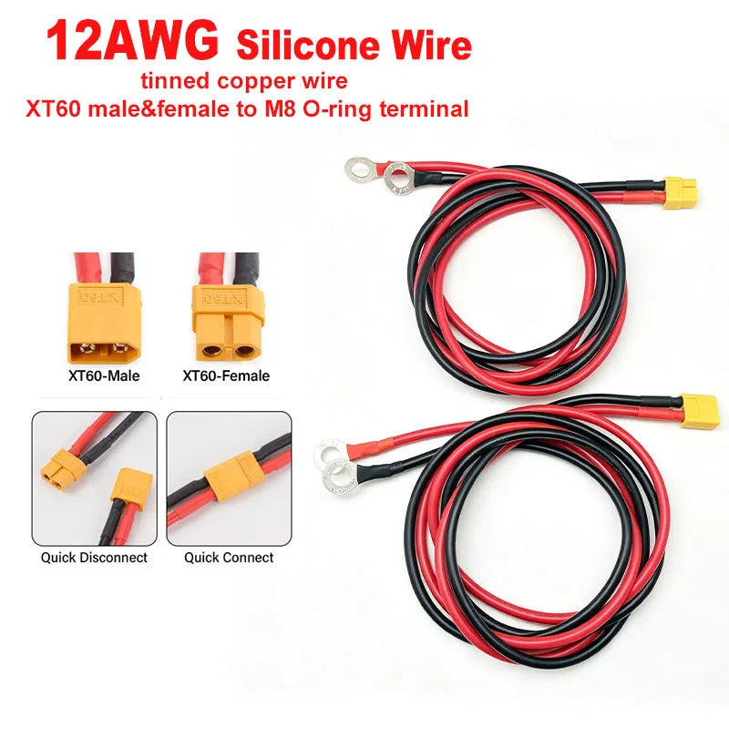 XT60 to O-Ring Terminal Cable: XT60 Male or Female Connector to M8, with 12 AWG Silicone-Insulated Wire (0.5 m to 10 m)