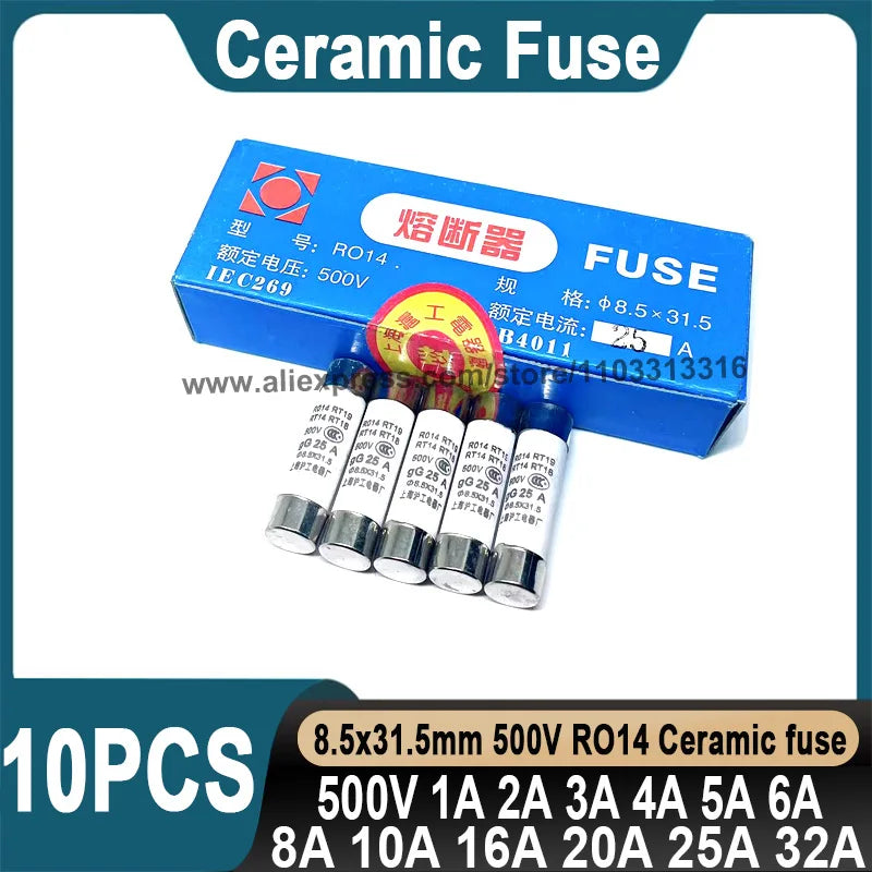 10Pcs Ceramic Fuse 8.5*31.5mm 500V 1A 2A 3A 4A 5A 6A 8A 10A 16A 20A 25A 32A Ceramic Fuse 8.5x31.5mm 500V RO14 RT19