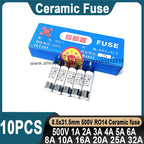 10Pcs Ceramic Fuse 8.5*31.5mm 500V 1A 2A 3A 4A 5A 6A 8A 10A 16A 20A 25A 32A Ceramic Fuse 8.5x31.5mm 500V RO14 RT19