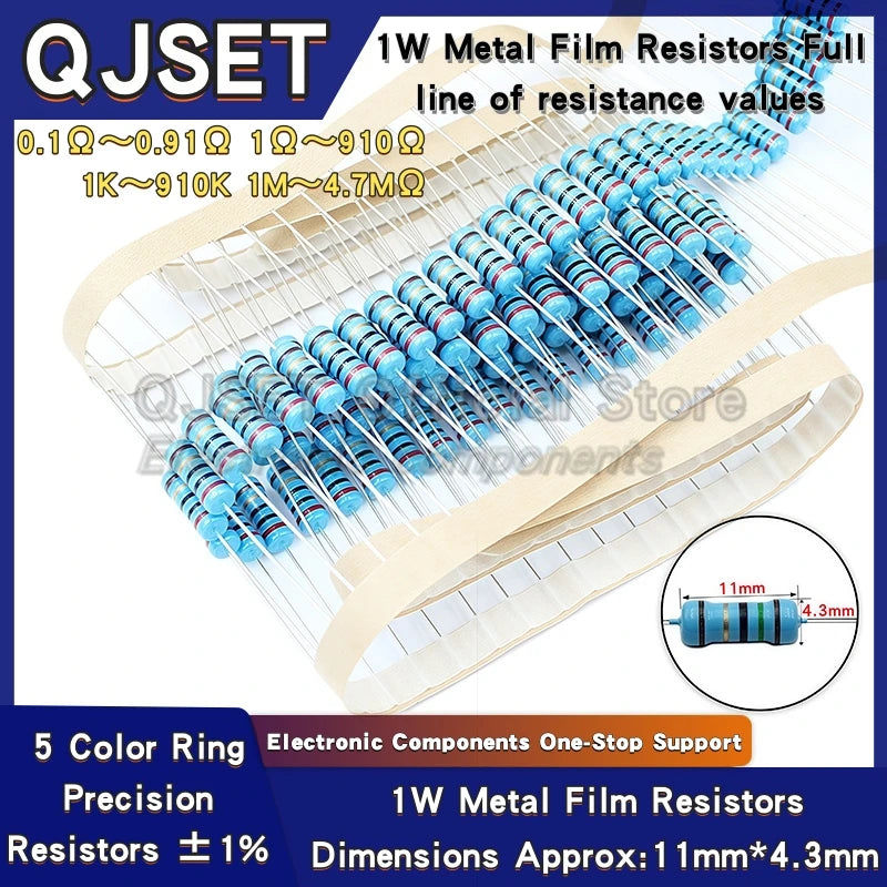 20pcs 1W Metal Film Resistors 1% 10 Ohm 47 100 200 220 470 510 Ohm 1K 4.7K 10K 22k 33k 47K 100k 200k 220k 510k 470k 910k 1M Ohms