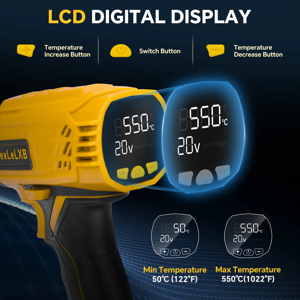 400W Cordless Heat Gun 50℃-550℃ Variable Temperature with LCD Digital Display Soldering Hot Air Gun for Dewalt 20V Battery Pin