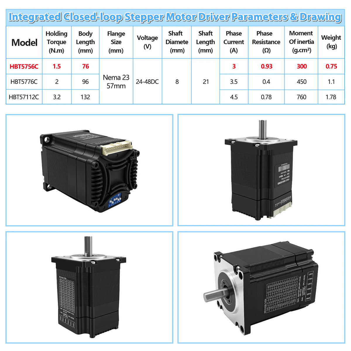 Nema23 57mm Closed Loop Integrated Motor Driver Kit All-in-one 1.5Nm/2Nm/3.2Nm 8mm Hybrid Servo Motor Drive With Encoder For CNC