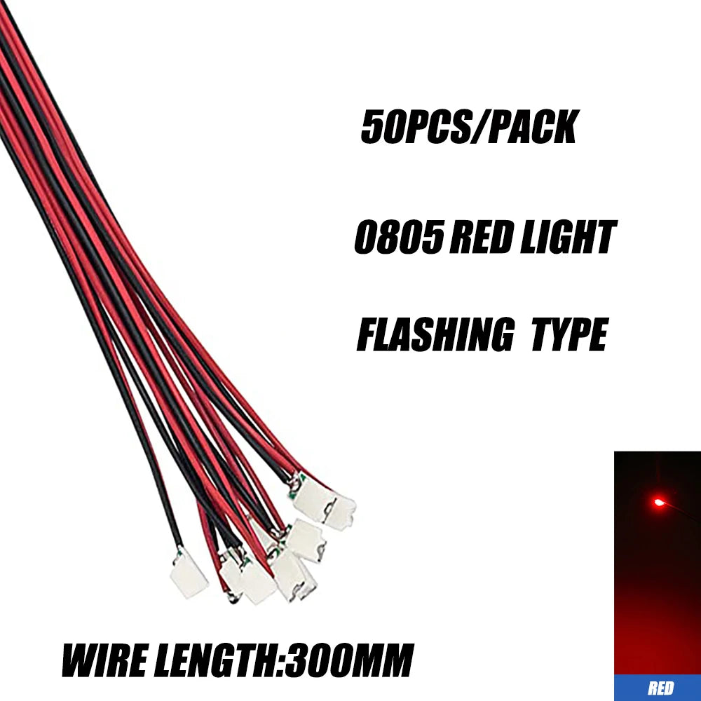 50pcs 0805 FLASHING LED SMD Lamp Wired Micro Litz Led Pre-Soldered Chip Wired 3V Railway Model Toy Light DIY Leads Wires 30cm