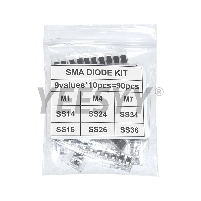 90PCS Rectifier Diode 1N4007 1N4001 1N4004 SS16 SS26 SS36 SS14 SS24 SS34 SMD Schottky Diode Assort Kit