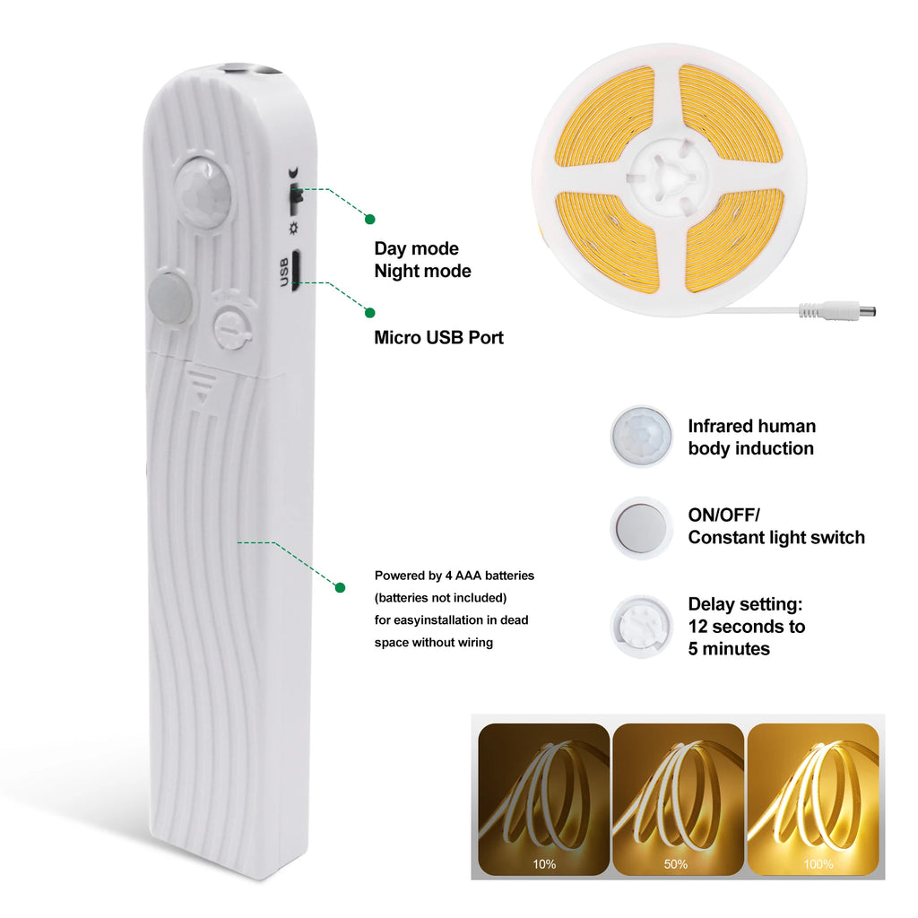 3MM 5MM 8MM COB LED Light Strip 5V 320LEDs PIR Motion Sensor Flexible Night Light USB/AAA Battery Powered Tape 3000K 4000K 6000K