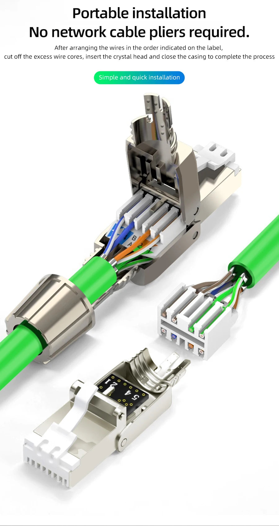 Tool Free Metal RJ45 Connector Toolless Reusable 23AWG to 26AWG Cable Internet Plug Easy Installation Tool-Free Termination Plug