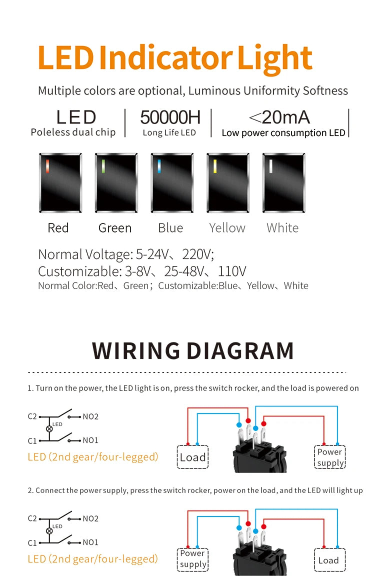 LANBOO 14mm*9mm Series 7Amp High Current Rocker Switch ON-OFF-ON 2/3Position 4/6Pin KCD1  With Red/Green Light  12V24V220V