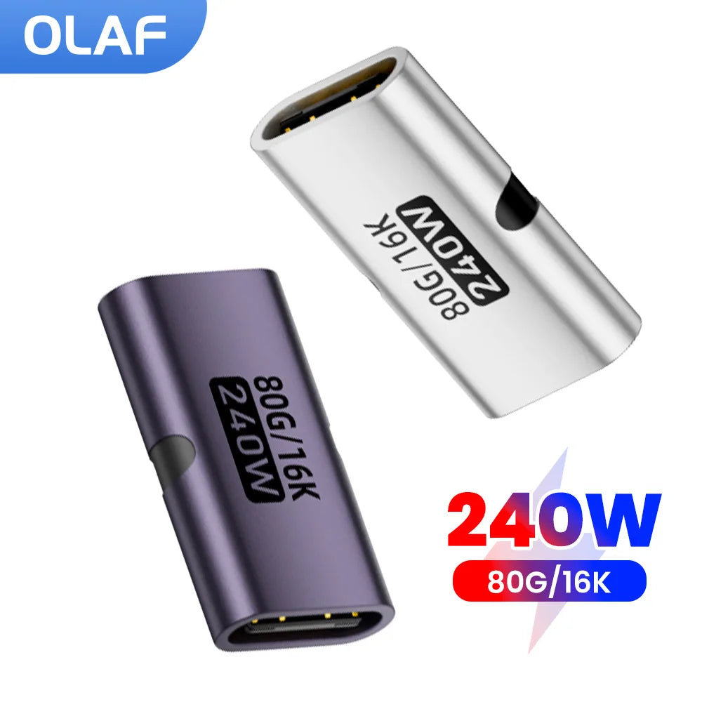 PD 240W Fast Charging Type C Adapter 80Gbps 16K@60Hz Type C Female To USB C Female Converter OTG For iPhone 15 16 Tablet Laptops