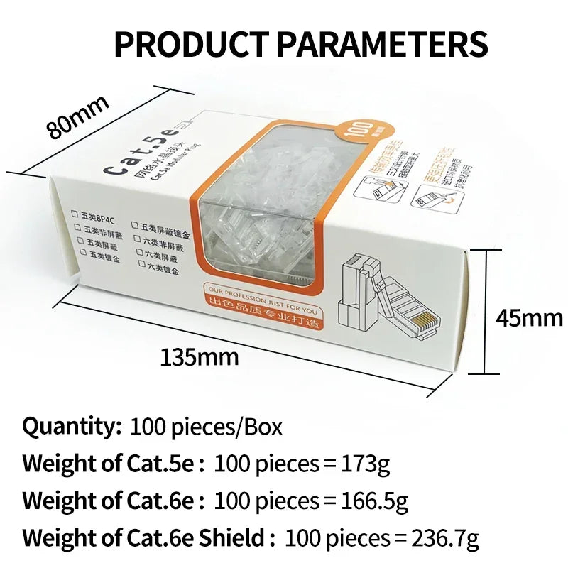 100Pcs/Box Gold Plated RJ45 Plug Network Crystal Head Gigabit Ethernet Cable Connector Cat5e/Cat6e with Shield