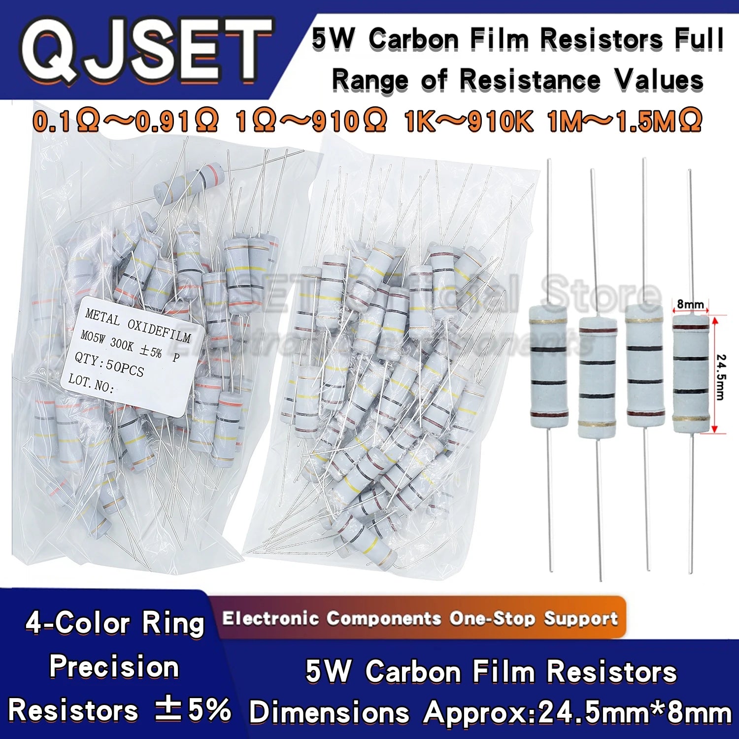 50Pcs 5W Carbon Film 4Color Ring Resistors 5% 5W 10R 20R 47 100 470 Ohm 1K 4.7K 10K 47K 100k 200k 470k Ohms Oxide Film Resistors