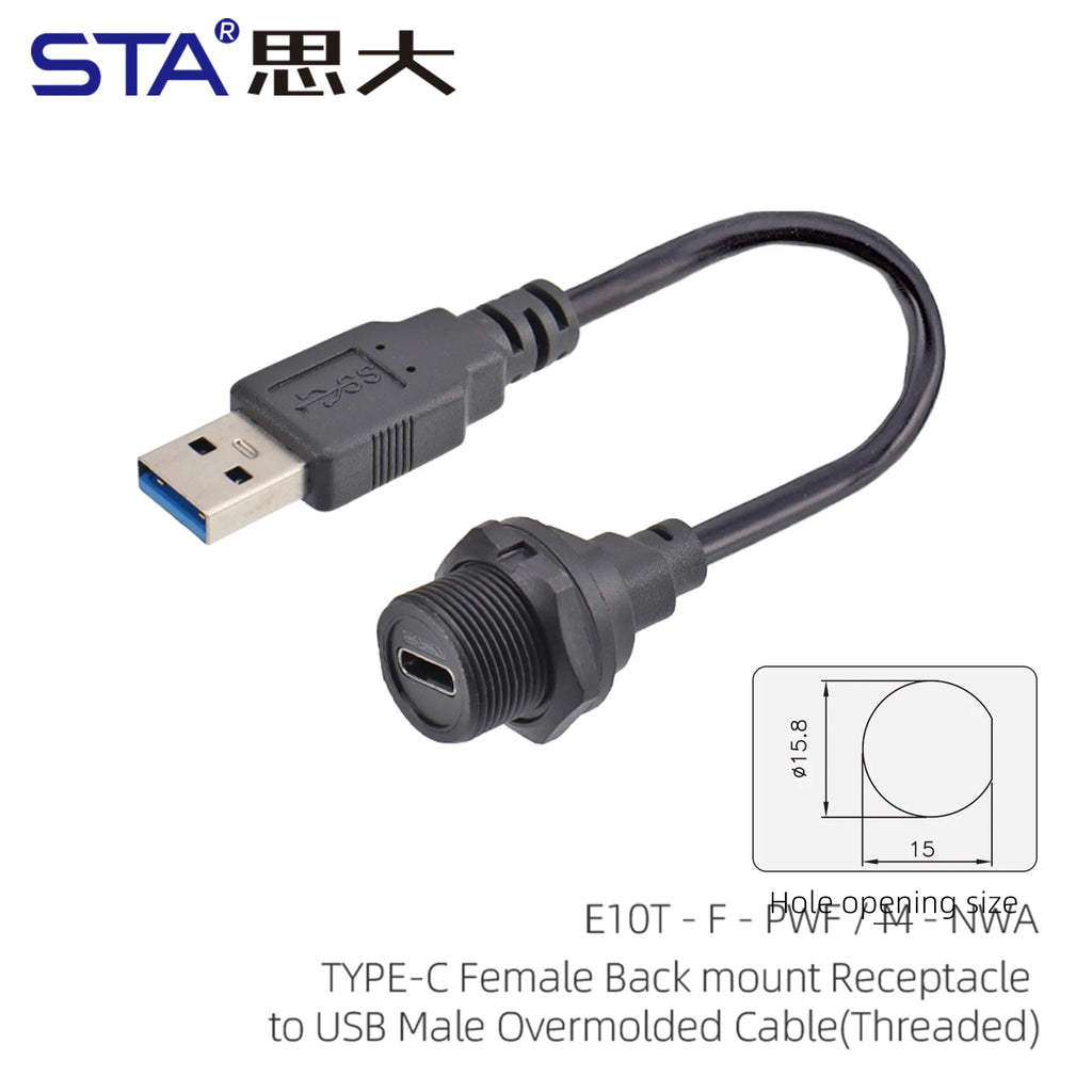 Type-C 3.0 IP67 Waterproof Connector Straight/Angled Male to Male/USB Adapter Molded Cable 0.5/1/2M Fast Charging 10Gbps PD 60W
