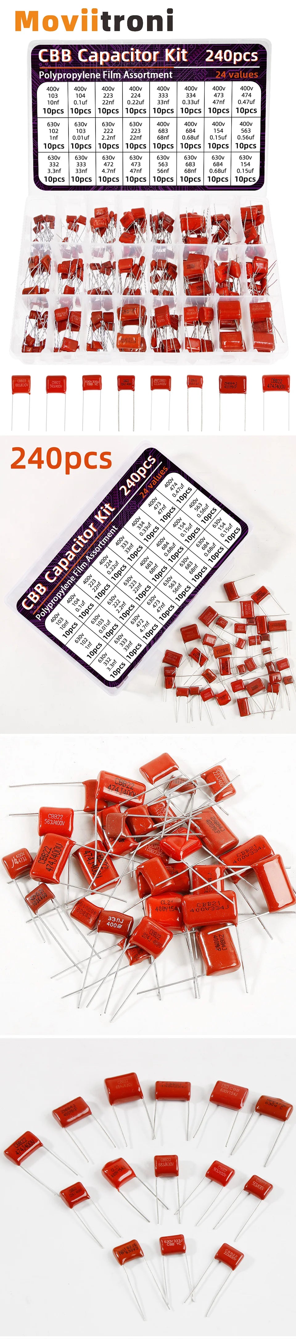 240pcs CBB Capacitor Assortment Kit Metallized Polypropylene Film Capacitors