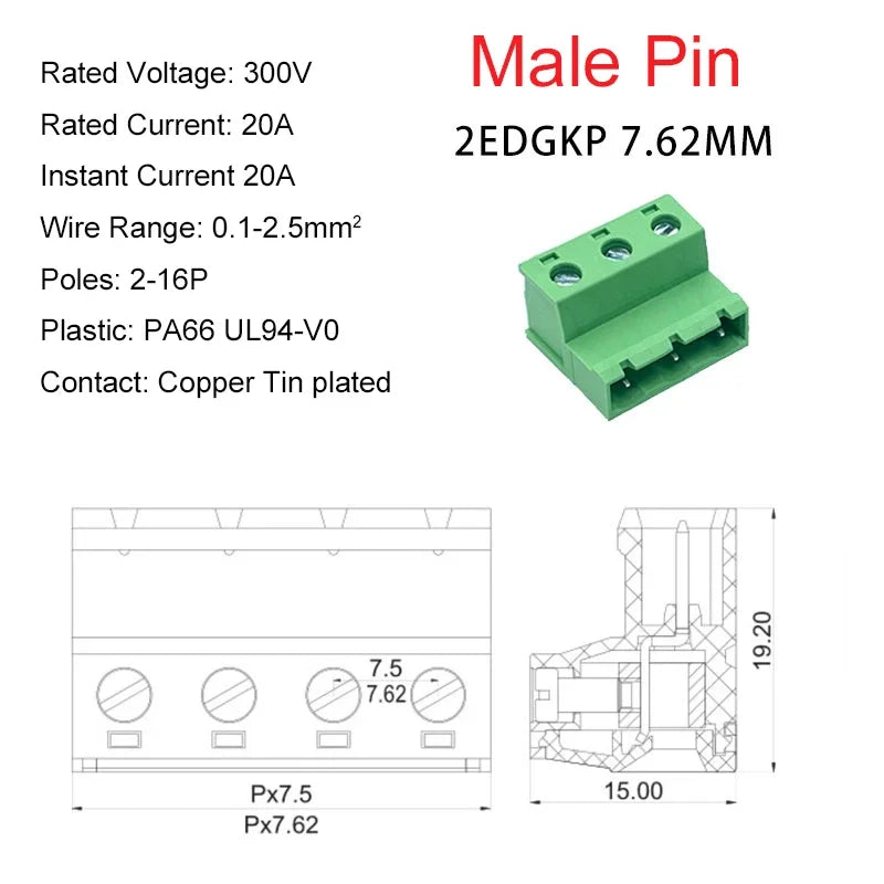 10sets Female Male Plug Aerial Butt Welding 2EDGRK-7.62mm 2EDGK7.62 0.3inch 2-16P Plug Solder-free Wire Terminal Block Connector