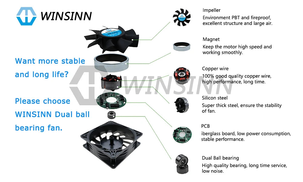 WINSINN 5015 50mm Fan DC 5V 12V 24V Sleeve / Dual Ball Bearing Brushless Cooling 50x15mm 2PIN
