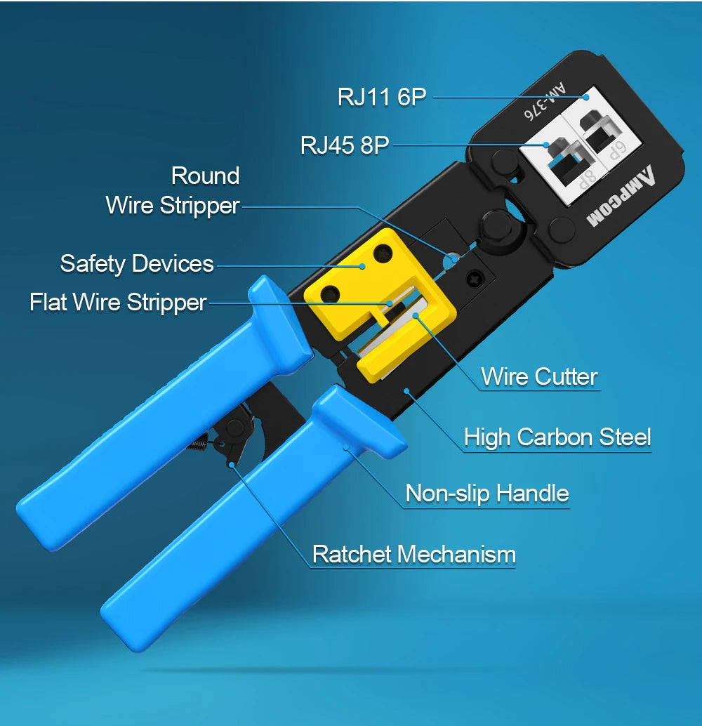 AMPCOM RJ45 Crimp Tool Pass Through Cat5 Cat5e Cat6 Crimper Cutter Stripper for RJ45 RJ12 RJ11 8P 6P End Pass Through connector