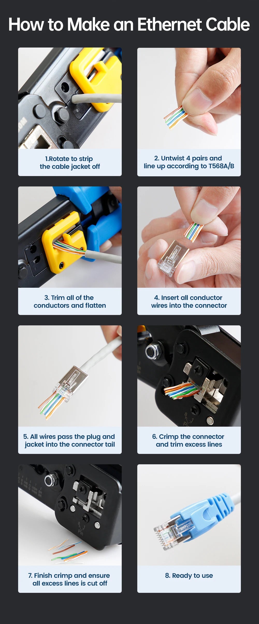 AMPCOM Pass Through STP RJ45 Connectors, CAT6 CAT5E Shielded 3/50μ Gold-Plated 8P8C Modular Plugs Crimp End for Ethernet Cable