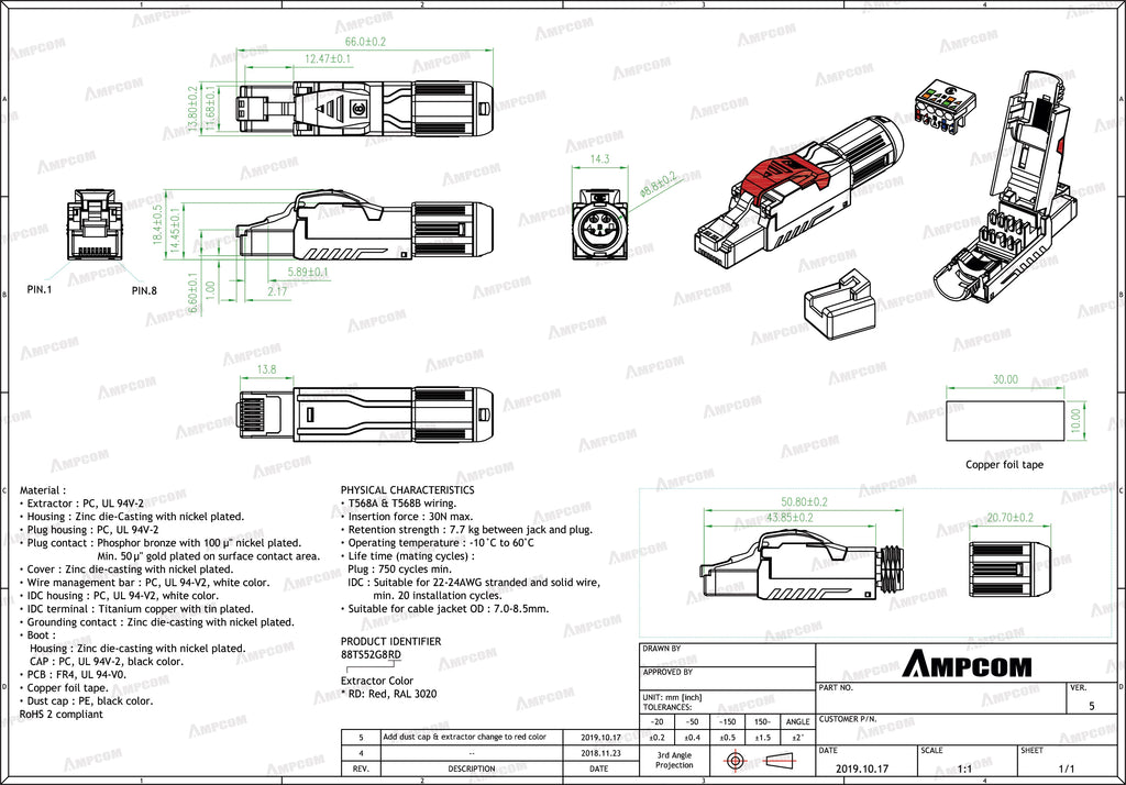AMPCOM RJ45 Connector, CAT8 STP Tool Free Shielded Modular Plugs CAT7 CAT6A Zinc Alloy Field Termination Plug 40Gbps 2000Mhz