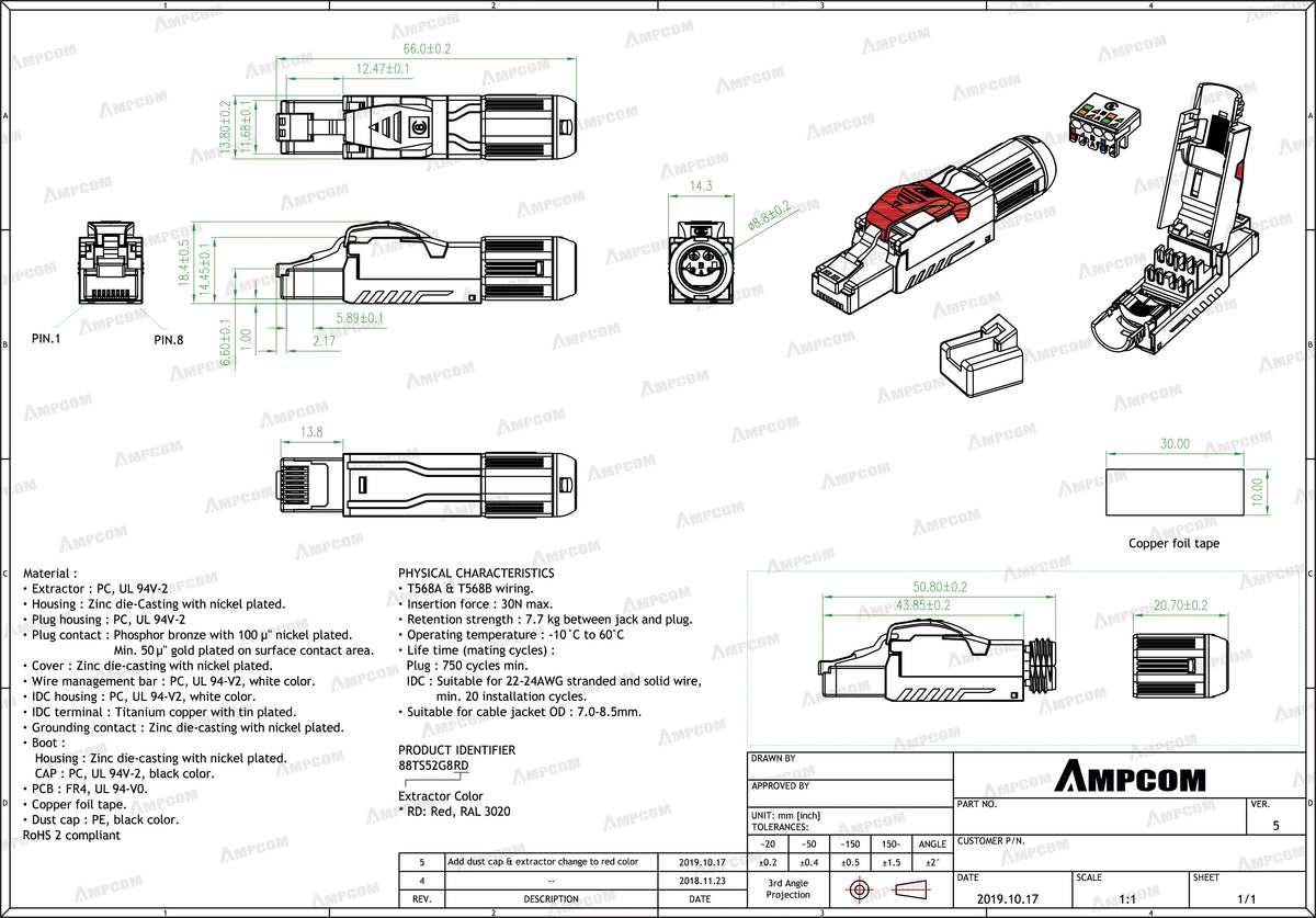 AMPCOM RJ45 Connector, CAT8 STP Tool Free Shielded Modular Plugs CAT7 CAT6A Zinc Alloy Field Termination Plug 40Gbps 2000Mhz