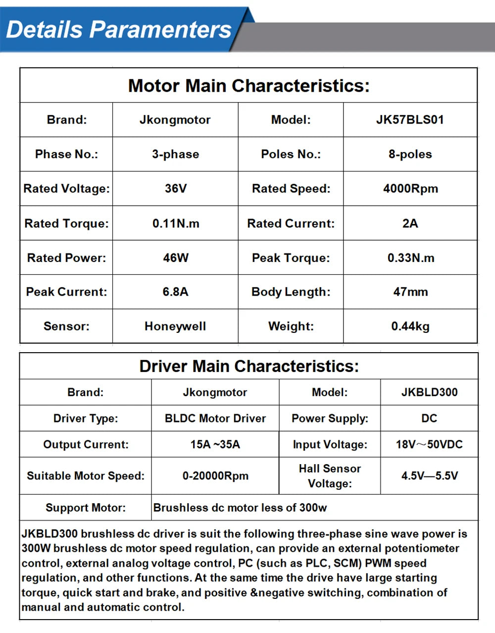 JK57BLS01 DC36V 4000rpm 46W 0.11N.m 2A Brushless DC Motor With Hall-sensor 3-phase Brushless BLDC Motor with Driver BLD70 BLD300