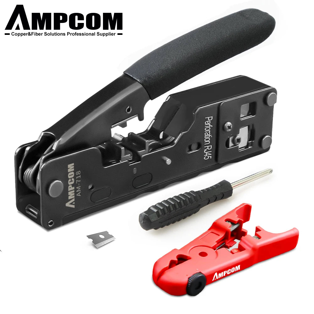 AMPCOM RJ45 RJ11 Pass Through Crimping Tool for Cat7/6A Cat6/5 Ethernet Modular Plugs Connectors With Stripper and Spare Blade