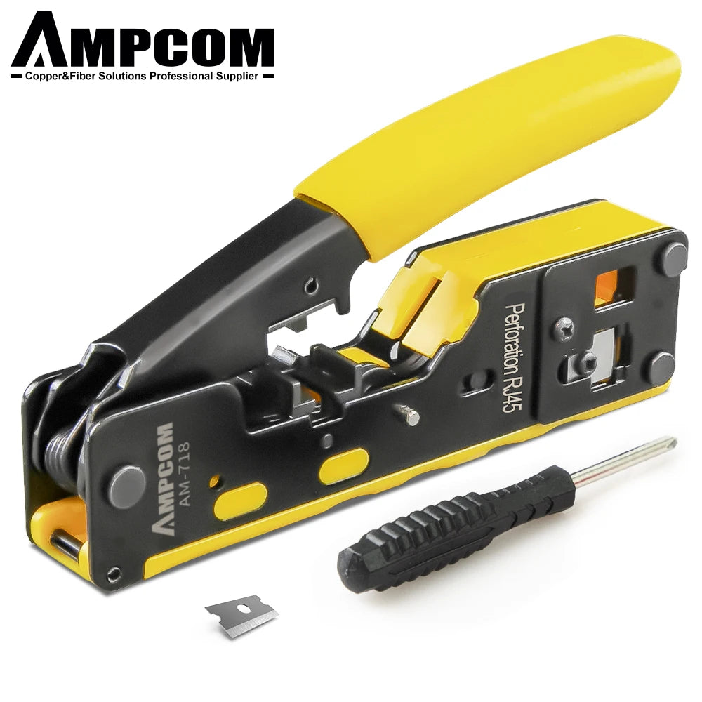 AMPCOM RJ45 RJ11 Pass Through Crimping Tool for Cat7/6A Cat6/5 Ethernet Modular Plugs Connectors With Stripper and Spare Blade