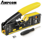 AMPCOM RJ45 RJ11 Pass Through Crimping Tool for Cat7/6A Cat6/5 Ethernet Modular Plugs Connectors With Stripper and Spare Blade