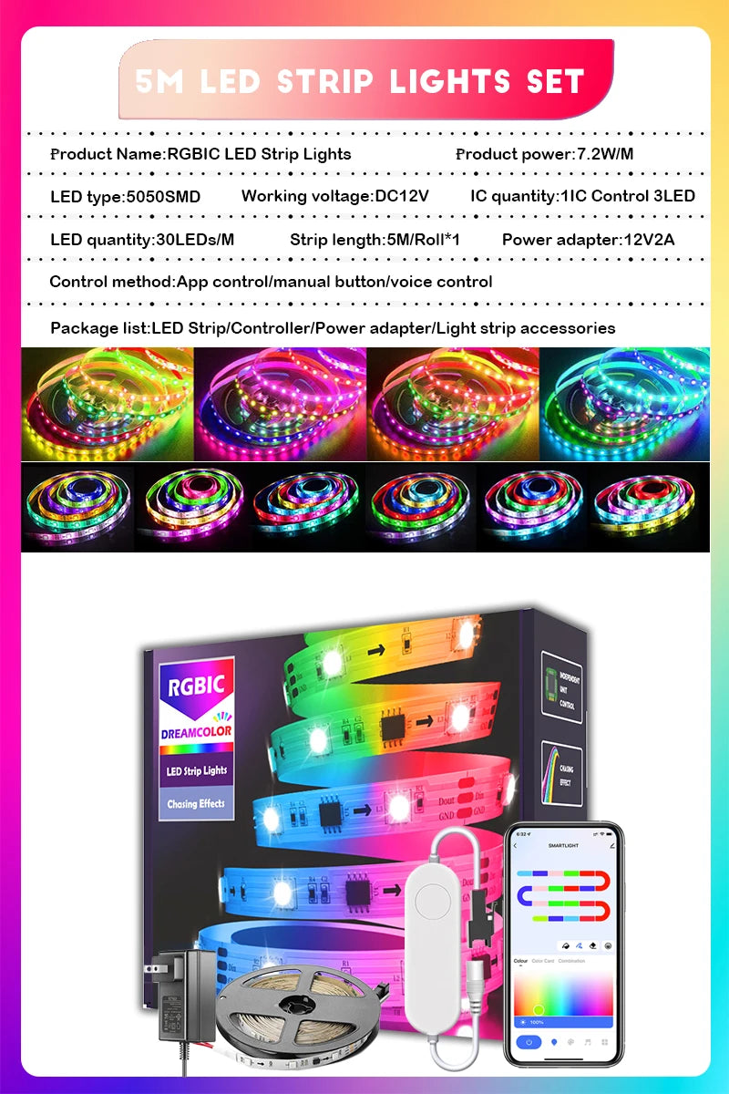65.5ft/20m TUYA WS2811 TUYA DreamColor LED Strip Lights RGBIC Smartlife 60LEDs/M Flexible Tape Work with Alexa Google Assistant