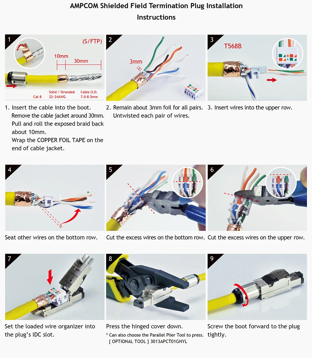 AMPCOM RJ45 Connector, CAT8 STP Tool Free Shielded Modular Plugs CAT7 CAT6A Zinc Alloy Field Termination Plug 40Gbps 2000Mhz